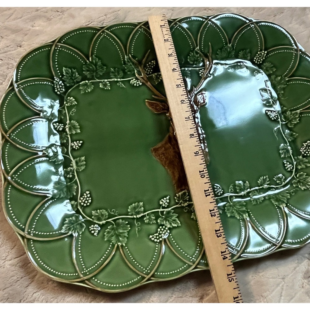 Bordallo Pinheiro Woods Deer Platter Tray Green Buck Portugal 18.75" Bosque Hunt - Picture 13 of 13